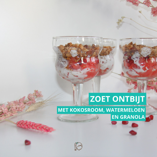 Zoet ontbijt met kokosroom, watermeloen en granola